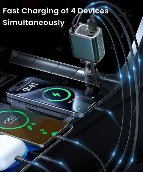 AutoCharge Flex – 4-in-1 Retractable Car Charger with Fast Charging