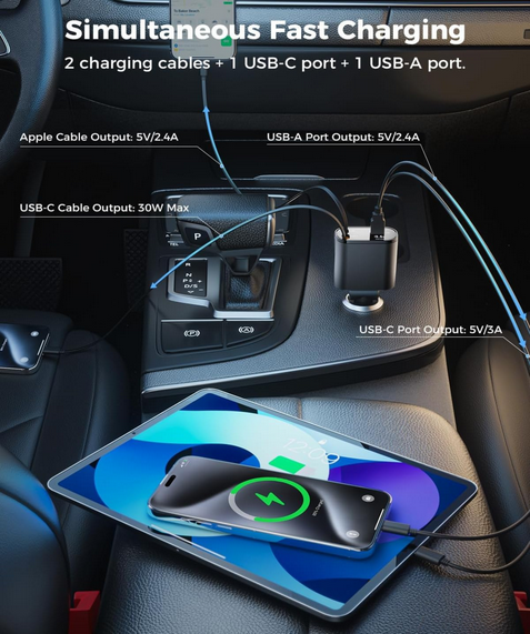 AutoCharge Flex – 4-in-1 Retractable Car Charger with Fast Charging